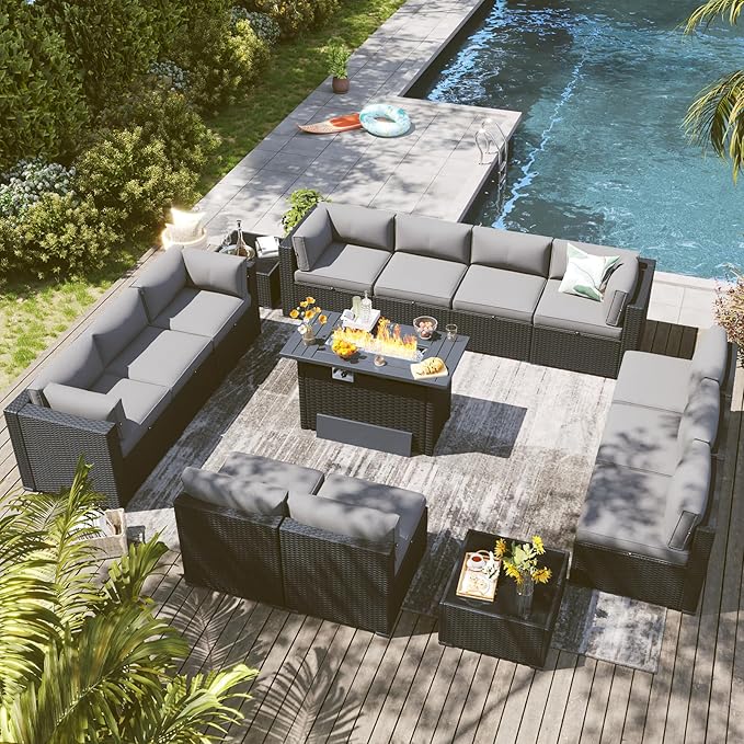 LazySunsets 15 Piece Outdoor Patio Furniture Set with 44'' Fire Pit Table, Outdoor Patio Furniture Set with Waterproof Cover, Wicker Rattan Outdoor Conversation Set for Backyard & Garden, Light Grey