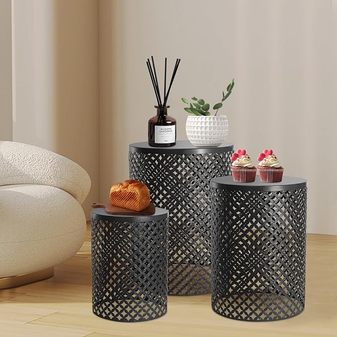 Nesting Tables Set of 3, Outdoor Side Table, Metal Frame Accent Table for Gardens, Balconies, bedrooms, Living Rooms, Kitchens, cafes, Black