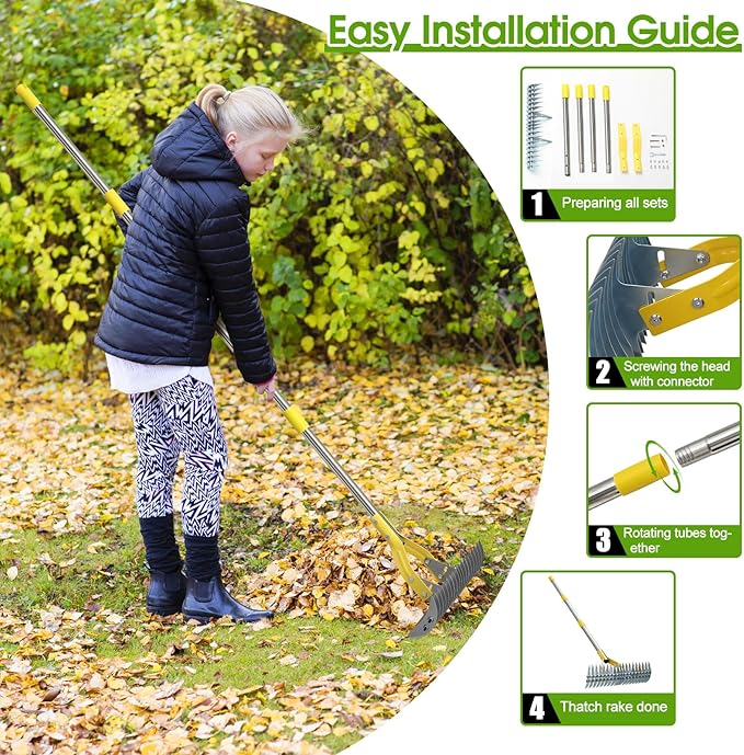 2-in-1 Thatch Rake for Lawn 70" Long Stainless Steel Thatching Rake with Sharp Dethatching Blade Manual Dethatcher & Scarifier Tool for Dead Grass Removal,Soil Loosening Garden Yard Lawn Care