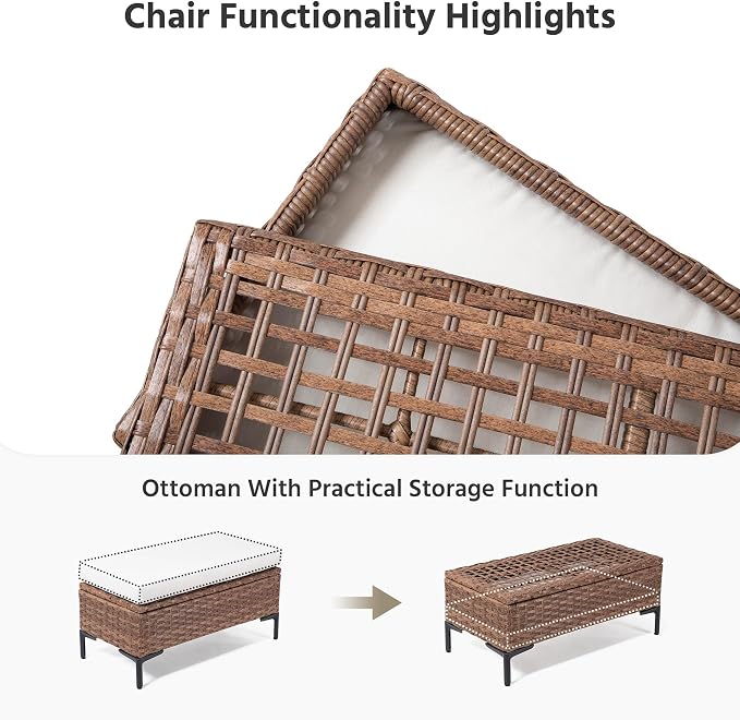 LAUSAINT HOME 5 Pieces Outdoor Patio Furniture Set, PE Wicker Sectional Conversation Sofa with Adjustable Backrests, Storage Ottoman & Wood Table with Umbrella Hole, Beige