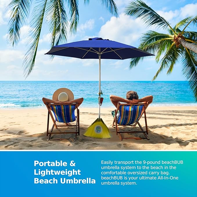 BEACHBUB ALL-IN-ONE BEACH UMBRELLA SYSTEM. Includes ULTRA Base (compliant with the ASTM F3681-24 Beach Umbrella Safety Standard). (Deep Ocean Blue)