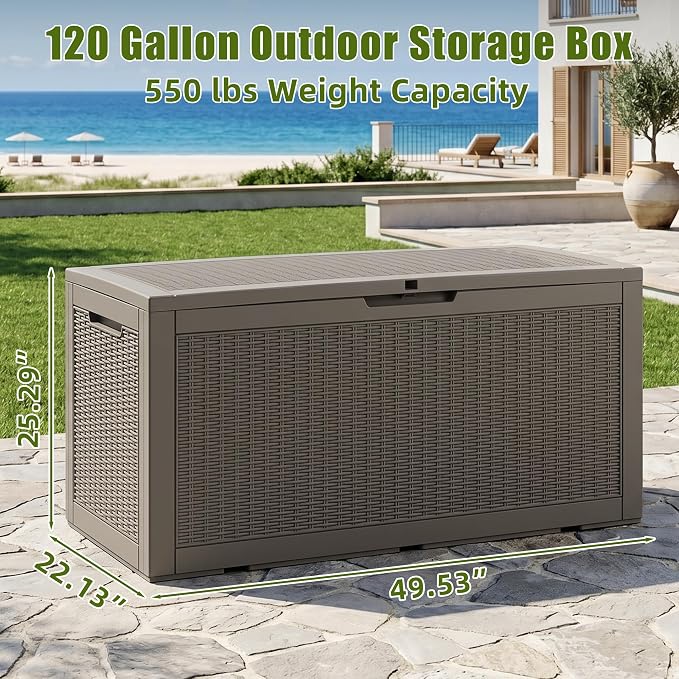Vixzen 120 Gallon Deck Boxes Outdoor Waterproof, Large Resin Lockable Storage Box with lid for Patio Furniture Cushions, Weatherproof Outdoor Storage Boxes for Garden Tools & Pool Accessories(Grey)