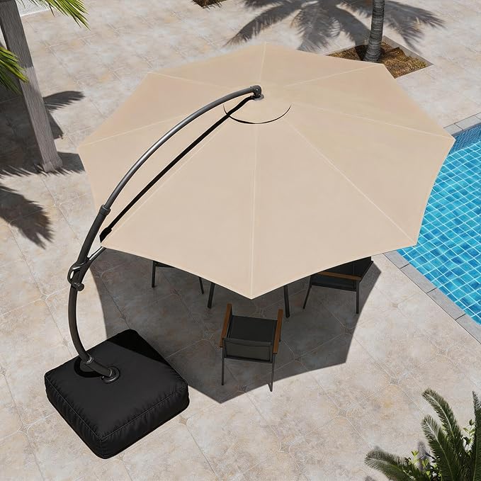LAUSAINT HOME 12ft Patio Cantilever Umbrella with Base Included, Outdoor Curvy Round Offset Umbrella, Heavy Duty Aluminum, 360° Rotation for Pool, Deck, Lawn, Backyard (Champagne)