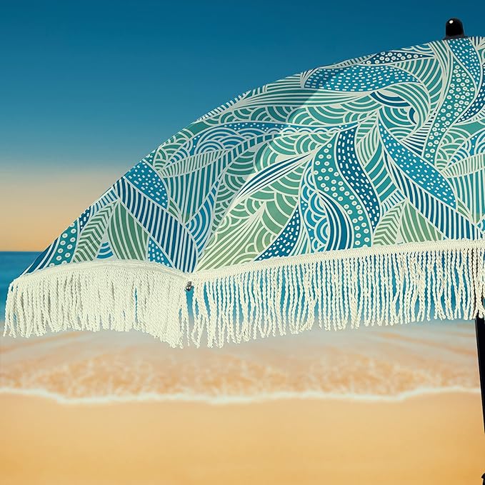 Beach Umbrella for Sand –Windproof with Sand Anchor Bag, Portable, Fringe, Denim Bag, Features Pointed Bottom,100% UV Sun Protection – Seacove