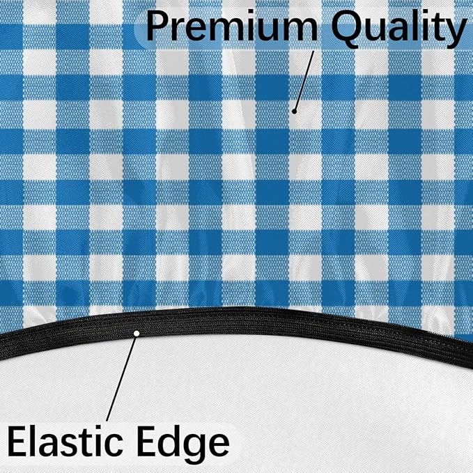 Fitted Round Tablecloth with Umbrella Hole and Zipper Buffalo Plaid Outdoor Elastic Table Cloth 45"-56" Oil-Proof Waterproof Patio Table Cover for Dining Picnic Party, Blue and White