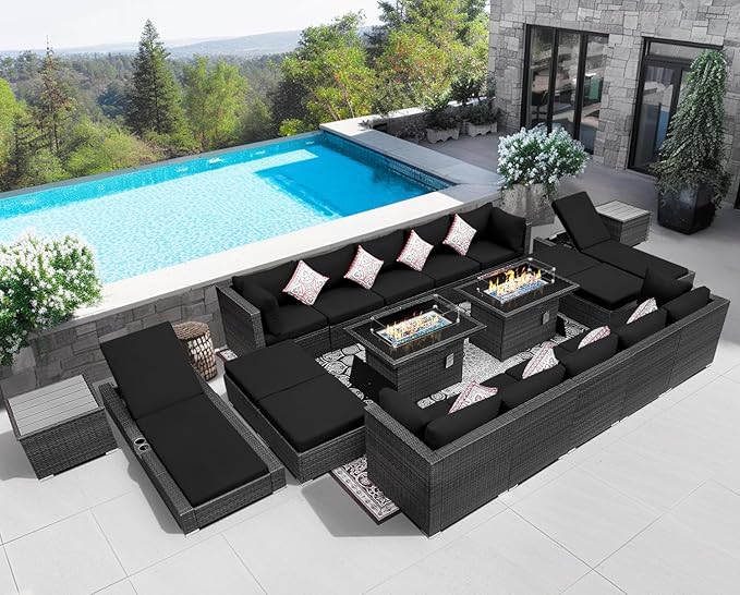 NICESOUL 20 Piece Extra Large Patio Furniture Set w/Fire Pit Table & Chaise Lounge, Modern Luxury Outdoor Group Seating w/Firepit, Comfortable 29.3" High-Back Sectional Couch Deep Seat, Gray & Black