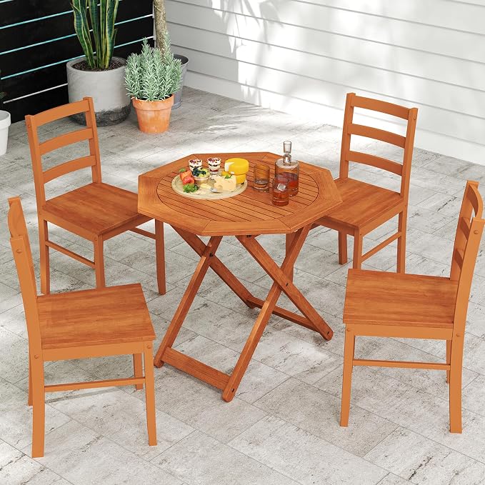Byroce Outdoor Patio Table, Octagon Folding Bistro Table with Slatted Tabletop & 2” Umbrella Hole, Solid Wood Outdoor Dining Table, Portable for Backyard, Poolside & Balcony (1)