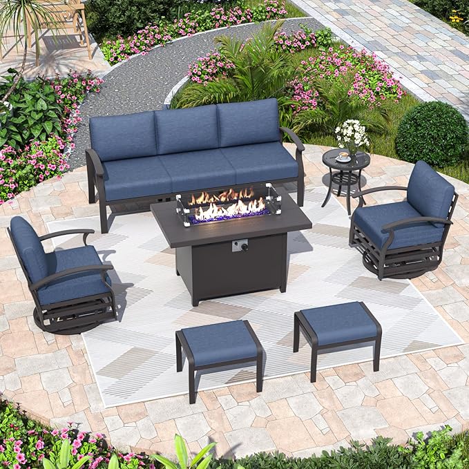 ALAULM Aluminum Patio Furniture Set with Propane Fire Pit Table 7-seat Metal Outdoor Furniture w/Swivel Chairs Patio Sectional Sofas w/2 Ottomans for Porch, Backyard, Poolside-Dark Blue