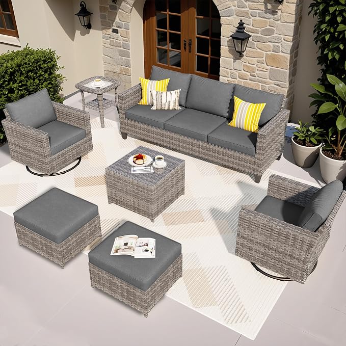 ovios 7 Pieces Patio Furniture Set, Outdoor Wicker Sofa with Rocking Swivel Chairs, Coffee Table, High Back Grey Rattan Conversation Set for Backyard Deck Porch, Dark Grey