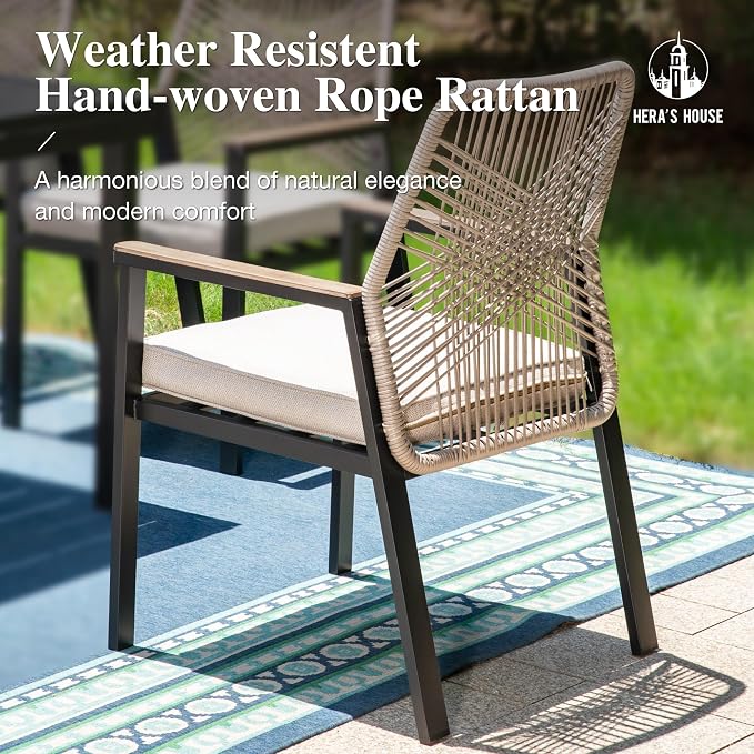 HERA'S HOUSE 9pc Patio Dining Set, Outdoor 83" Metal Table & Rattan Chairs | Rectangle table with umbrella hole, 8 cushioned chairs. Waterproof, rust-resistant, all-weather for backyard, porch.