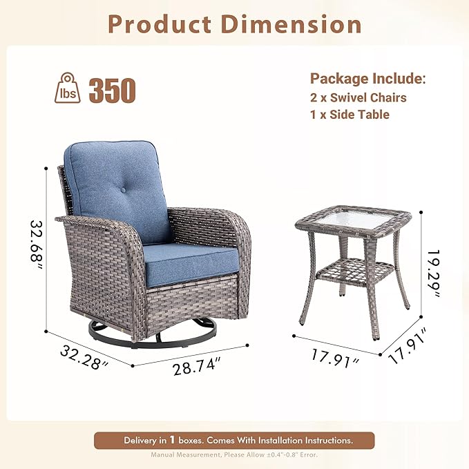 7 Pieces Outdoor Patio Furniture Set with Coffee Table, All Weather Wicker Patio Conversation Sets with Rocking Chairs, Balcony Furniture Sets for Backyard, Garden, Poolside, Denim Blue