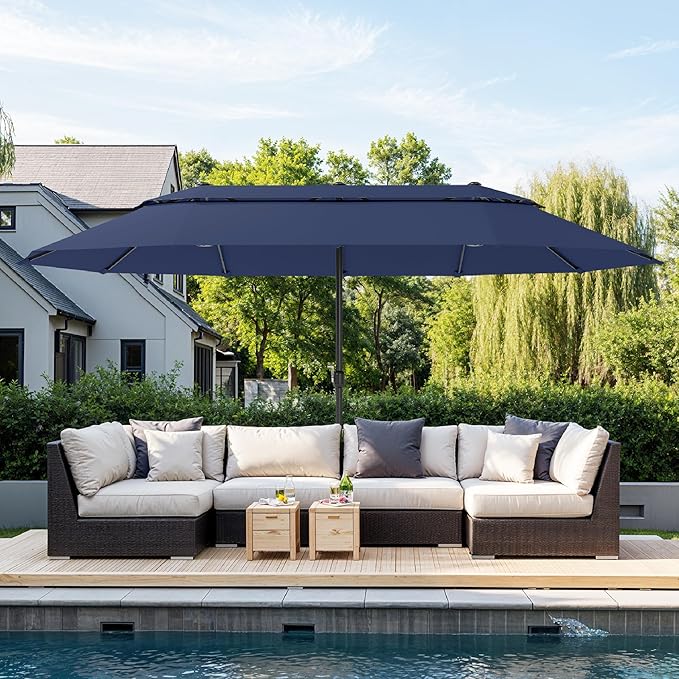 Sophia & William 15ft Extra Large Patio Umbrella with Base Included, 2-Tier Double-Sided Rectangle Outdoor Umbrella with Stand, Market Umbrella for Pool Garden Backyard, Navy Blue