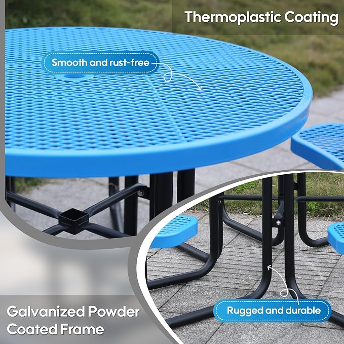 46" Round Picnic Tables for Outdoors,Commercial Metal Picnic Table Bench Set W/ Umbrella Hole,Restaurant School Canteen Tables W/Seats - Heavy Duty Sturdy Picnic Tables for Patio Garden Coffee Shop