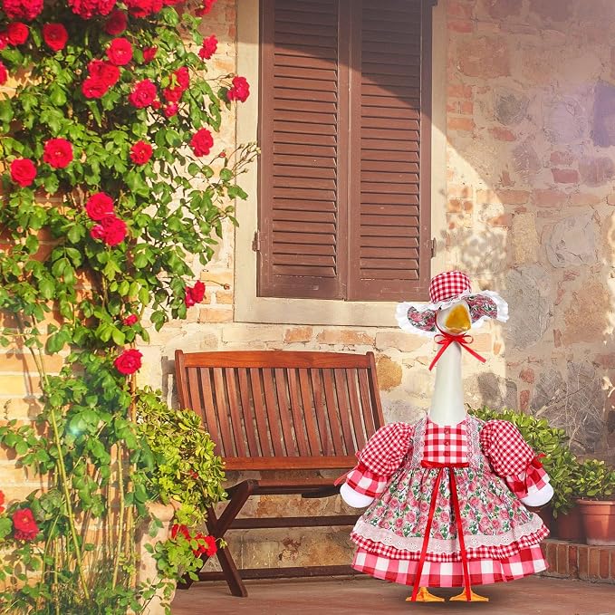 Spring Flower Goose Outfit Daisy Rose Floral Dress for 23'' Cement Plastic Goose Statue for Valentines Day Summer Outdoor Garden Yard Patio Lawn Decor(Red Rose)