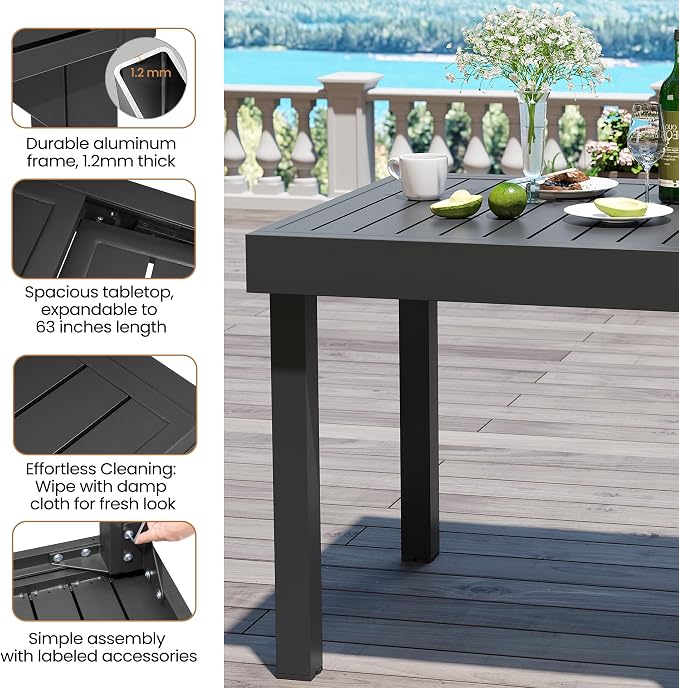 31"-63" Extendable Outdoor Dining Table Black Aluminum Expandable Patio Dining Table for 4-6 People All-Weather Extending Dining Table for Backyard Lawn Garden(Only Table)