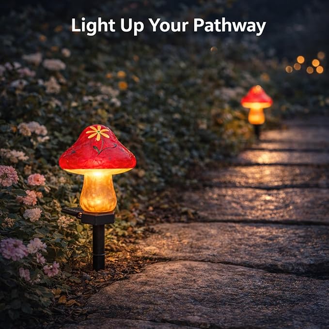 Solar Garden Lights Outdoor, 2 Pack Decorative Solar Mushroom Pathway Lights Waterproof, Resin Garden Lights for Yard Lawn Walkway Patio Decor
