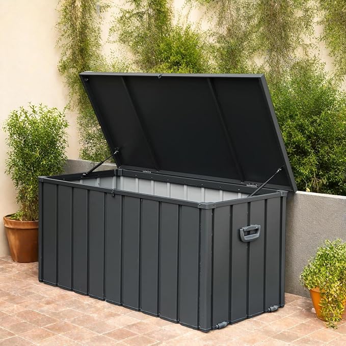 ChicFurnit Outdoor Storage Box, 200 Gallon Deck Box with Lockable Metal Lid & Portable Side Handles, Outdoor Storage Bin with Stable Support Rod, Soft Close Mechanism & Mobility Rollers, Dark Gray