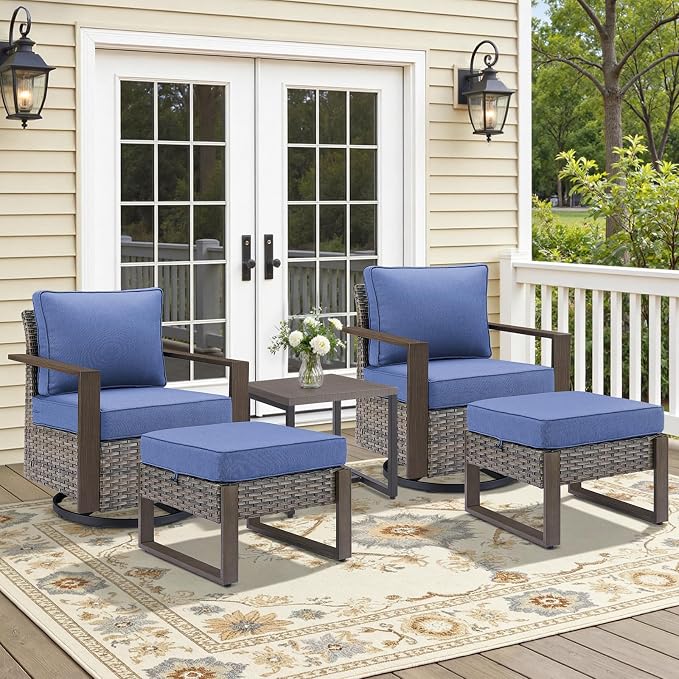 5PCS Swivel Patio Furniture Set, Outdoor Wicker Sofa and Swivel Rocker Chairs with Metal Arms, All-Weather Conversation Set for Backyard, Deck and Poolside Grey/Blue