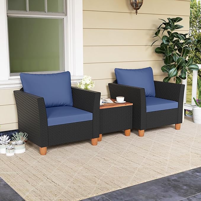 Tangkula 3 Pieces Patio Porch Furniture Set, PE Rattan Wicker Chair Conversation Set with Cushions and Storage Table, Outdoor Acacia Wood Bistro Set for Garden, Poolside