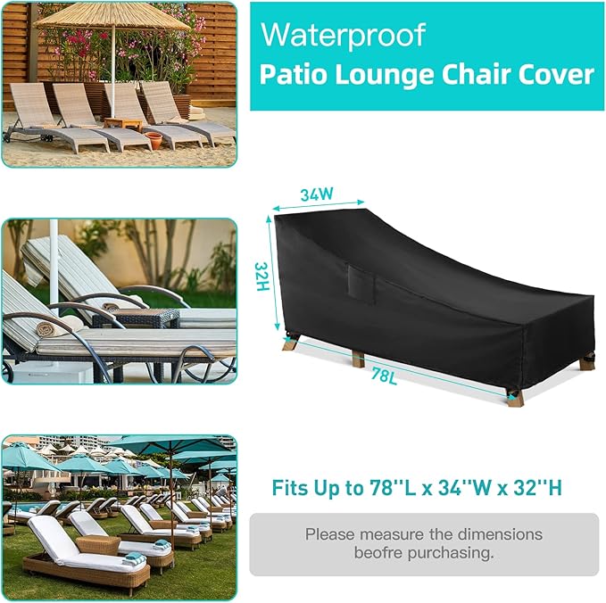 WLEAFJ Patio Chaise Lounge Cover Waterproof, Heavy Duty Outdoor Lounge Chair Covers, Black Durable Patio Furniture Covers, 78L x 34W x 32H inch - 2 Pack