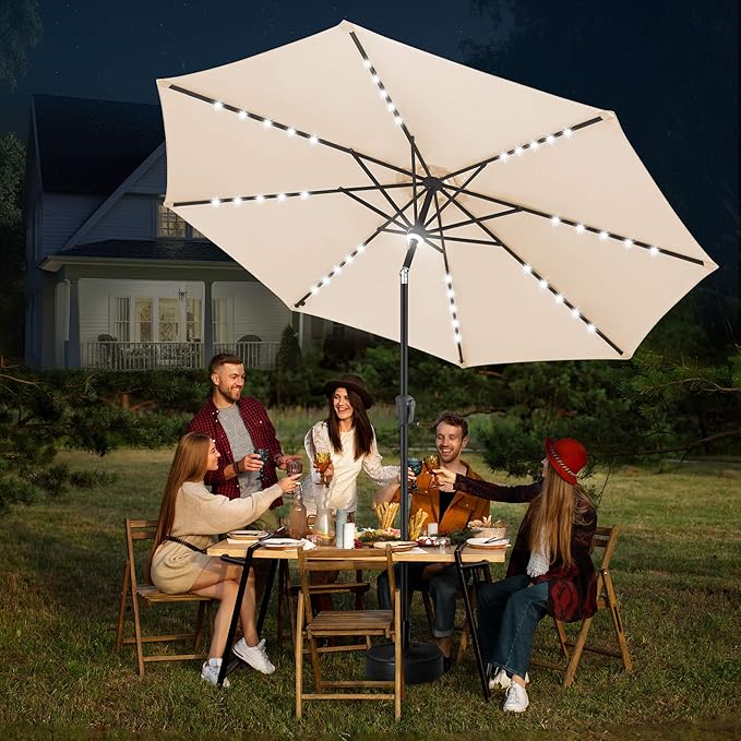 FLAME&SHADE 11 FT Solar Light Patio Umbrella, 40 LED lights outdoor umbrella with Centre Surround Light, Table Market Umbrella for Deck, Pool, Porch, Backyard, Garden, UV Protection, Beige