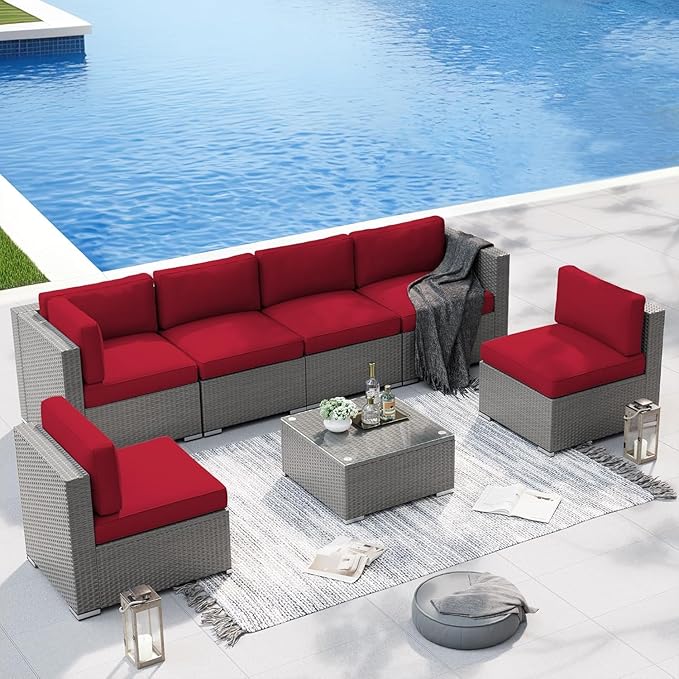 SUNCROWN 7-Piece Patio Furniture Set with Coffee Table and Soft Cushions, Outdoor Sectional Sofa Grey Wicker Conversation Sofa Set, Red
