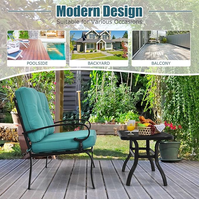 Tangkula Patio Loveseat with Table Set, 2 Seat Cushioned Sofa with Coffee Table, Patio Conversation Sofa Set with Rustproof Frame, 2 Pieces Outdoor Furniture Set for Garden, Poolside (Turquoise)