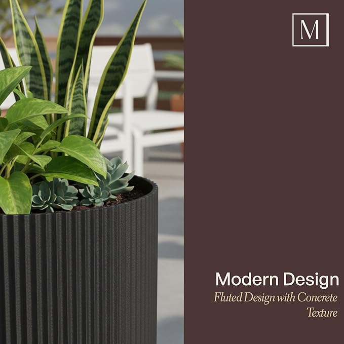 Mayne Haven 14-Inch Fluted Planter, Round Planters for Outdoor Plants, Lightweight Concrete Look Plant Pots for Porch, Patio, Garden and Entryway Décor, Chai