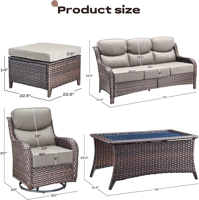 Rilyson Wicker Outdoor Patio Furniture Set - 6 Piece Patio Conversation Sets with Swivel Rocker Chairs, Ottomans, Sofa and Coffee Table, 6 inch Cushions, Deep Seating, for Porch Deck Brown/Beige