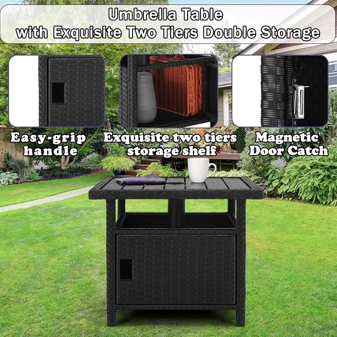 Outdoor Patio Umbrella Side Table with Umbrella Hole Small Wicker Coffee Table with Storage & 2 Weight Bags for Outside End Tables with Poly Lumber Top for Pool Deck Backyard Black