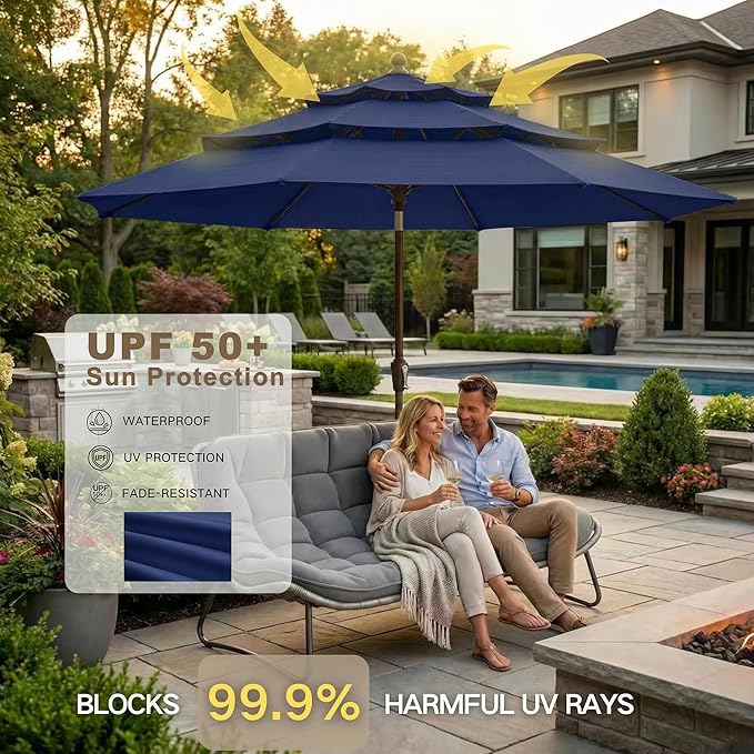 Kingdura 10ft 3-Tier Patio Umbrella, Outdoor Table Umbrella with Easy Crank & Tilt, 8 Reinforced Ribs, UV Protection for Deck, Pool, Market, Backyard (Navy blue)