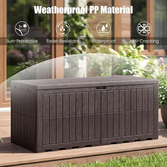 HAPPYGRILL 180 Gal Outdoor Deck Box, Lockable Storage Bin with Lid and Handles, Waterproof and Sun-Protective Patio Bench and Storage Box for Garden Tools Pool Supplies (Dark Brown, 180Gallon)