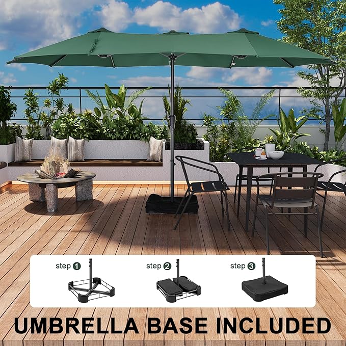 15 ft Patio Umbrella with Base, Large Rectangle Outdoor Umbrella with Matching Stand, Strap, Crank, Green
