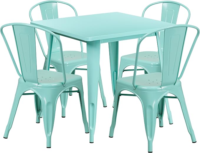 EMMA + OLIVER Commercial Grade Square Mint Green Metal Indoor-Outdoor Table Set-4 Stack Chairs