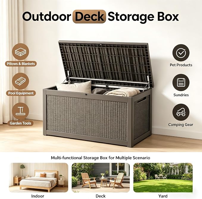 328 Gallon Waterproof Outdoor Storage Box, Heavy Duty Resin Deck Box Lockable, Large Outside Patio Storage Bench for Garden Tools & Pool Accessories,Hydraulic Lift, All-Season UV-Resistant, Gray Brown