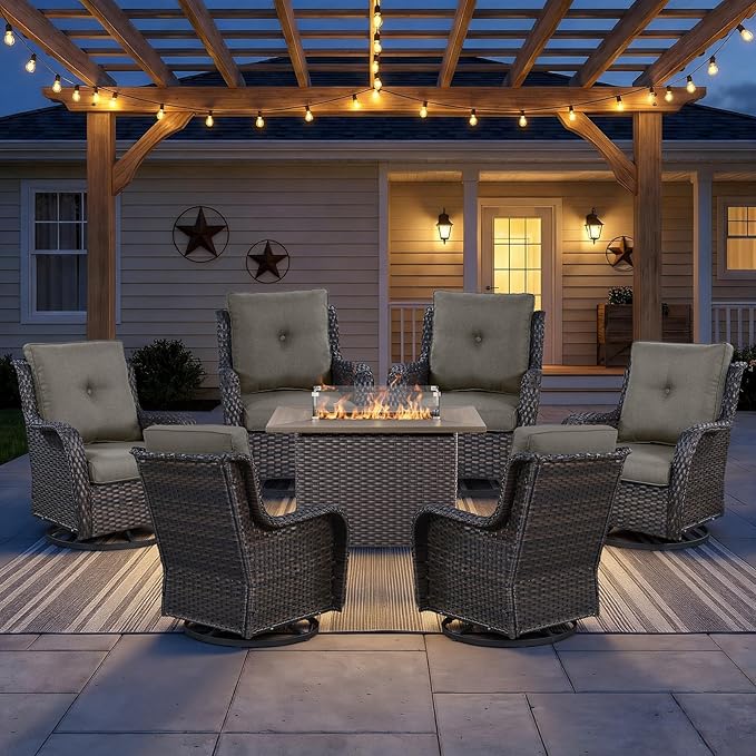 7 Piece Patio Furniture Set with 41" Fire Pit Table - High Back Swivel Glider Patio Chairs Set of 6, All Weather Deep Seating Outdoor Conversation Set for Porch Deck Yard Pool Brown