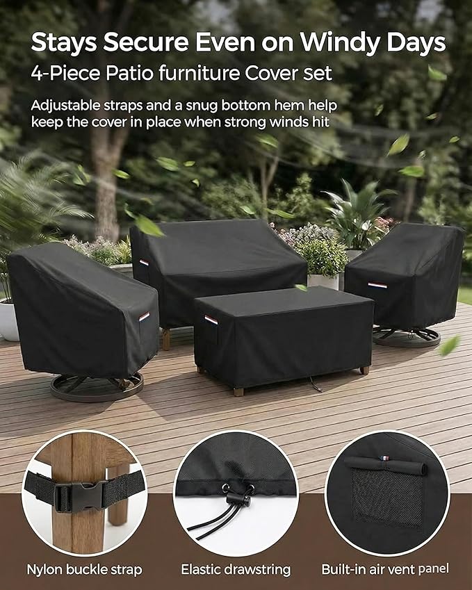 4-Piece Patio Furniture Cover Set, Waterproof Outdoor Furniture Covers for Loveseat, Patio Chairs & Coffee Table, Heavy-Duty 600D, Fade & UV-Resistant, Breathable, All-Season Protection, Black