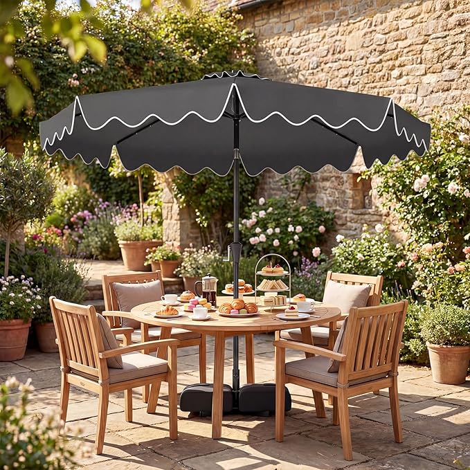 Tangkula 10 FT Solar Patio Umbrella with Base Included, 2-Tiers Outdoor Scalloped Table Umbrella with 32 LED Lights, 2 Sandbags, Tilt Adjustment, Crank, 8 Ribs for Market Backyard Pool Deck Beach Lawn (Gray, 10 FT)