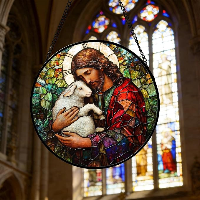 DASTOLL Stained Glass Window Hanging, Jesus Little Lamb Sun Catchers Colorful Glass Panel Christianity Suncatcher Decor for Birthday for Women, Men, Wife, Aunt, and Mom 9.8 in