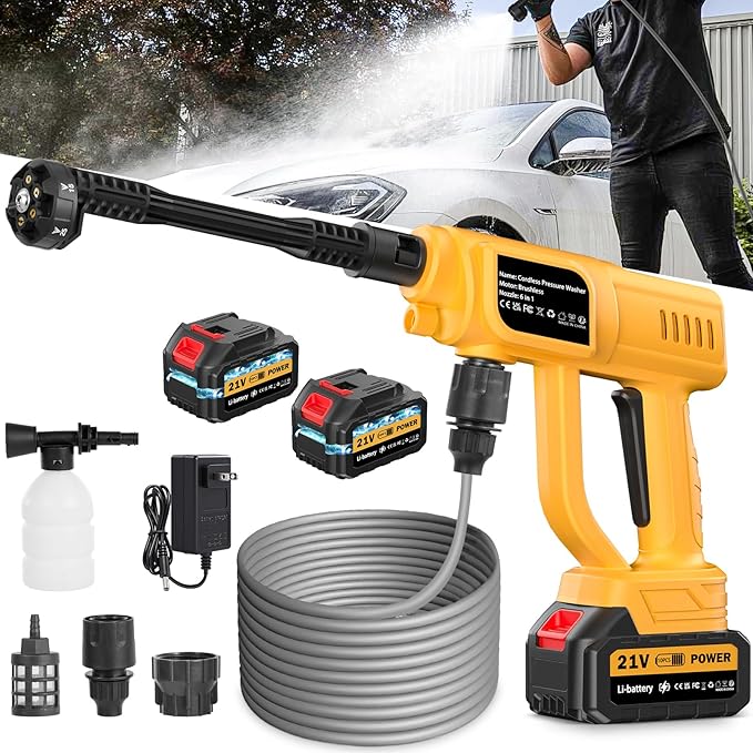 Cordless Portable Washer Gun, 120Bar/1700PSI Battery Operated Pressure Washer, Portable Power Washer with 3.0Ah Dual Batteries &Charger, 6-in-1 Nozzle Foam Cannon, for Vehicle, Driveway Deck