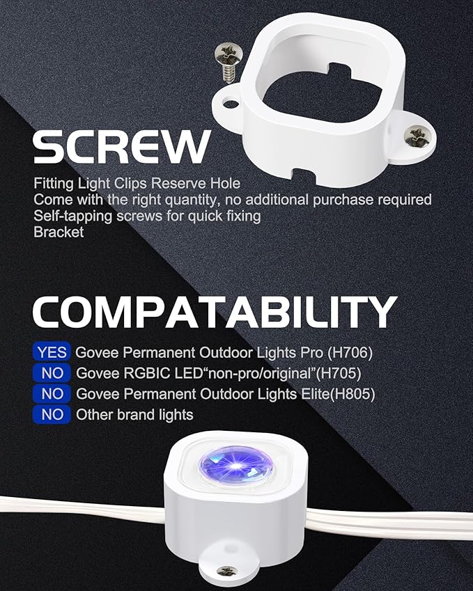 Outdoor Light Mounting Clips for Govee H706/H806, 60 Pcs White, Replace 3M Glue, Secure Installation for Govee Pro Permanent Outdoor Lights Extension