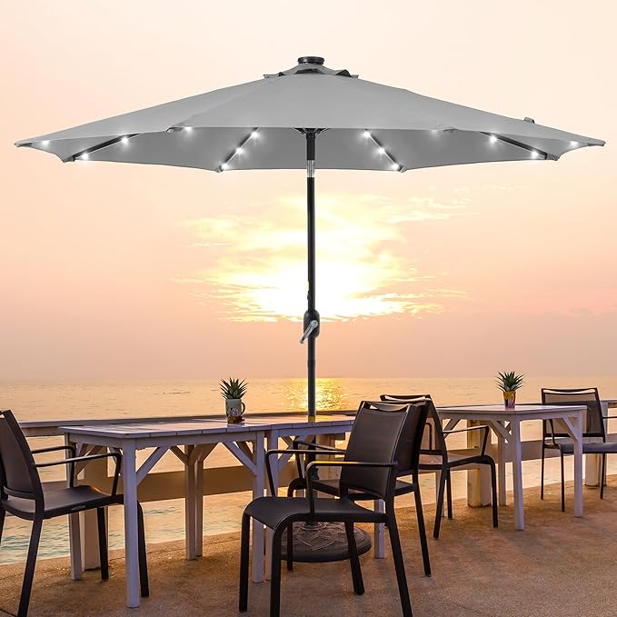 9ft Patio Umbrella Outdoor with Solar Lights,32 LED Lighted Table Market Umbrella with Tilt and Crank, 2-Year-Non-Fading, 8 Sturdy Ribs,for Pool, Deck, Garden,Backyard
