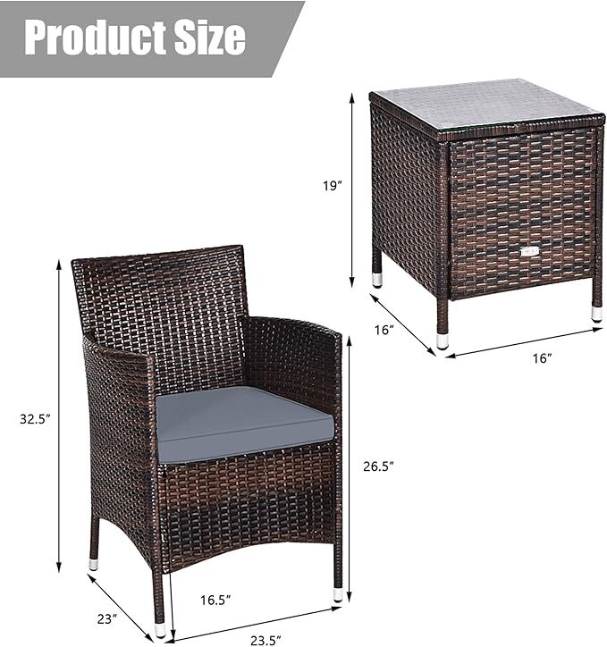 DORTALA 3 Piece PE Rattan Patio Furniture Set, Outdoor Chairs & Table Set with Tempered Glass Top & Cushions, Wicker Conversation Set for Garden Backyard, Grey