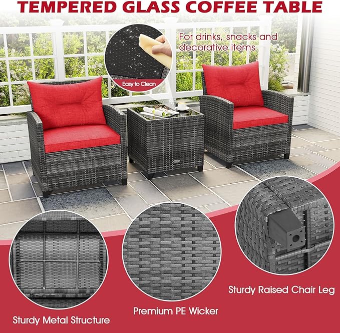 ORALNER Patio Furniture, 3 Pieces Outdoor Wicker Conversation Set Chairs with Soft Cushions and Glass Coffee Table, Rattan Bistro Set for Balcony Garden Deck Front Porch Poolside (Red)