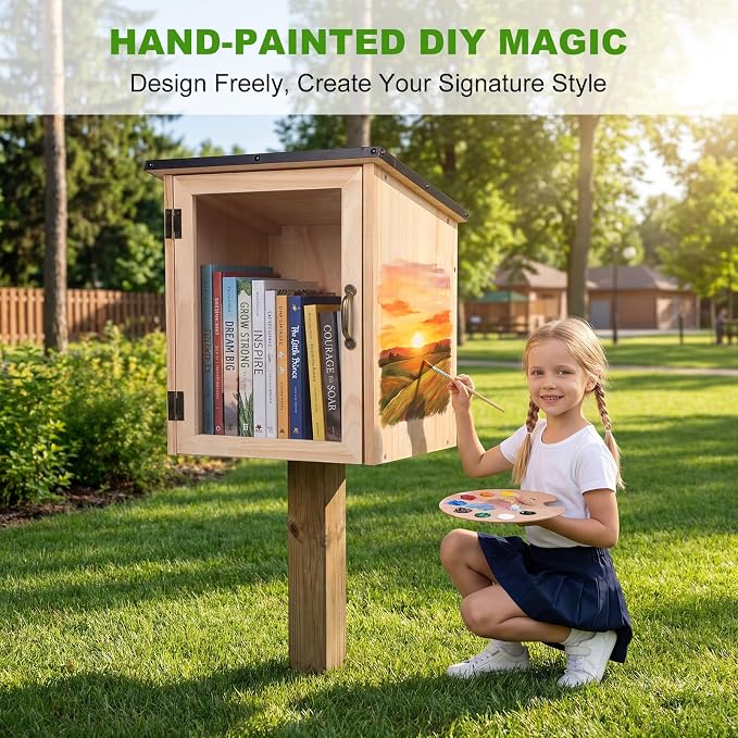 Little Library Outdoor Bookcase - Weatherproof Wooden Book Exchange Box with Visual Window, Large Capacity (Holds 15+ Books), Rain-Slope Roof for Backyard, Garden, Community & School Wooden Color