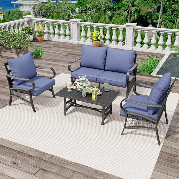 4 Piece Patio Furniture Set, All Weather Outdoor Sectional Sofa Conversation Set with Thick Cushions and Metal Coffee Table for Garden, Porch, Lawn, Blue