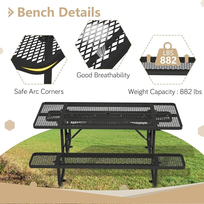 Coated Steel Heavy Duty Picnic Table for Outdoors 2200 lbs Load, Rectangular Camping Table with 1.78" Umbrella Hole, Commercial Picnic Table with Benches, Black