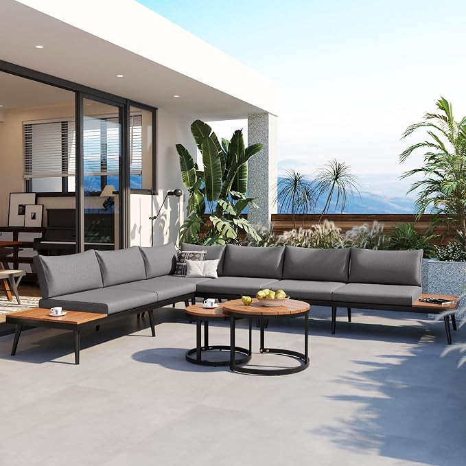 JIVOIT Outdoor Patio Sectional Sofa Set, Modern 6-Piece Conversation Set with Round Nesting Coffee Tables and Seating Sofa with Cushions for Patio, Porch and Garden (Grey * 33)