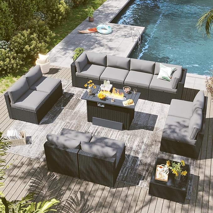 LazySunsets 12 Piece Outdoor Patio Furniture Set with 44'' Fire Pit Table, Outdoor Patio Furniture Sets with Waterproof Cover, Wicker Rattan Outdoor Conversation Set for Backyard, Light Grey