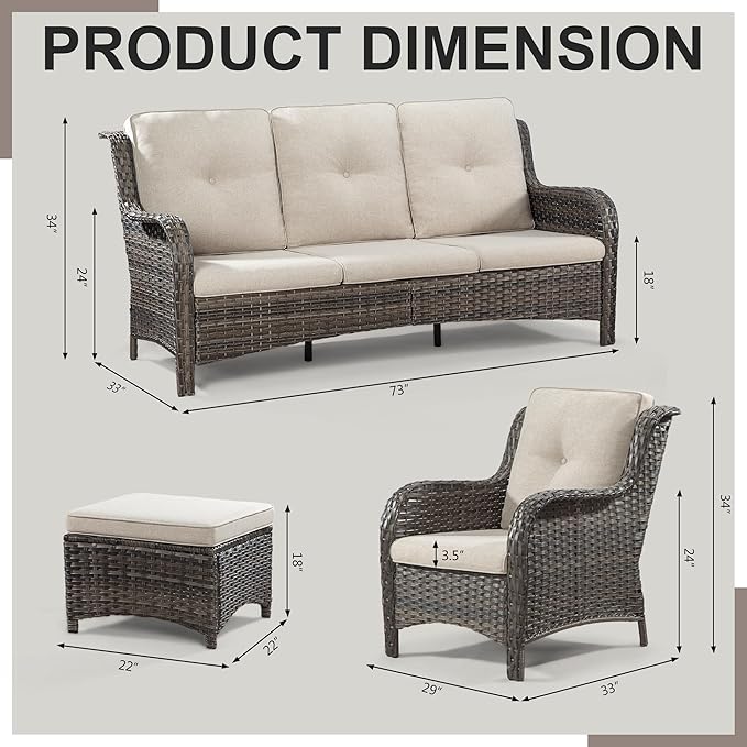 Wicker Patio Furniture Sets 7 Piece Set with One 3-Seat Sofa, 4 WIkcer Chairs, 2 Ottomans, Wicker Outdoor Furniture Set Patio Conversation Set, Beige